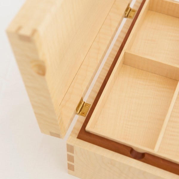 Jewellery box, rippled sycamore with English pear, made by Paul Chilton